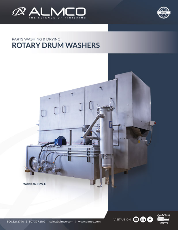 Parts washing and drying rotary drum washers.
