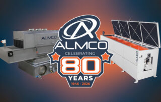 An 80 Year Icon with ALMCO's logo is in front of two popular ALMCO machines