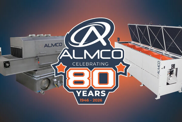 An 80 Year Icon with ALMCO's logo is in front of two popular ALMCO machines