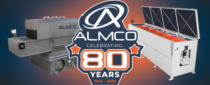 An 80 Year Icon with ALMCO's logo is in front of two popular ALMCO machines